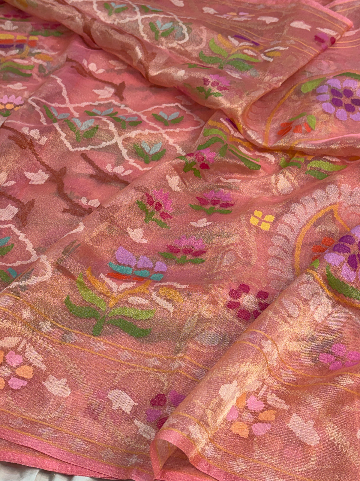 Baby Pink Handwoven Real Gold &amp; Silver Zari Tissue Jamdani Saree