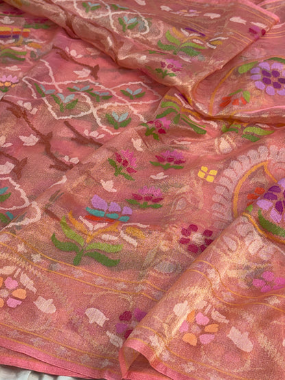 Baby Pink Handwoven Real Gold &amp; Silver Zari Tissue Jamdani Saree