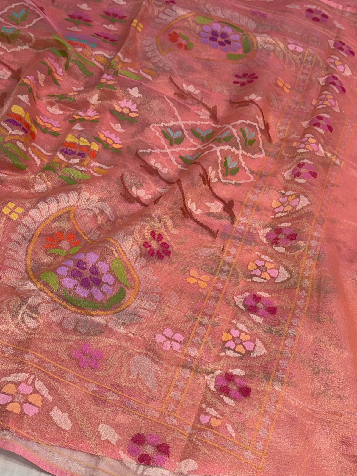 Baby Pink Handwoven Real Gold &amp; Silver Zari Tissue Jamdani Saree