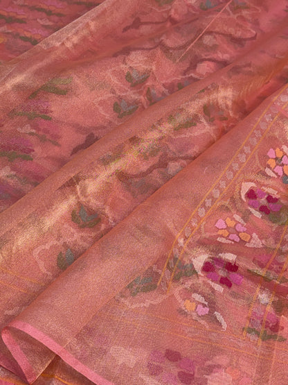 Baby Pink Handwoven Real Gold &amp; Silver Zari Tissue Jamdani Saree