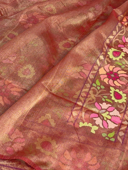 Antique Rose Gold Handwoven Real Gold &amp; Silver Zari Tissue Jamdani Saree