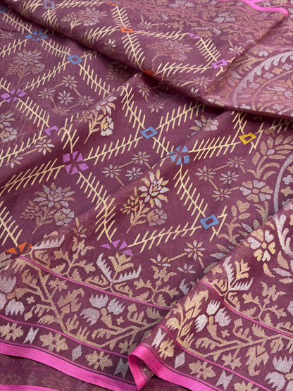 Wine Handwoven Real Zari Cotton Jamdani Saree