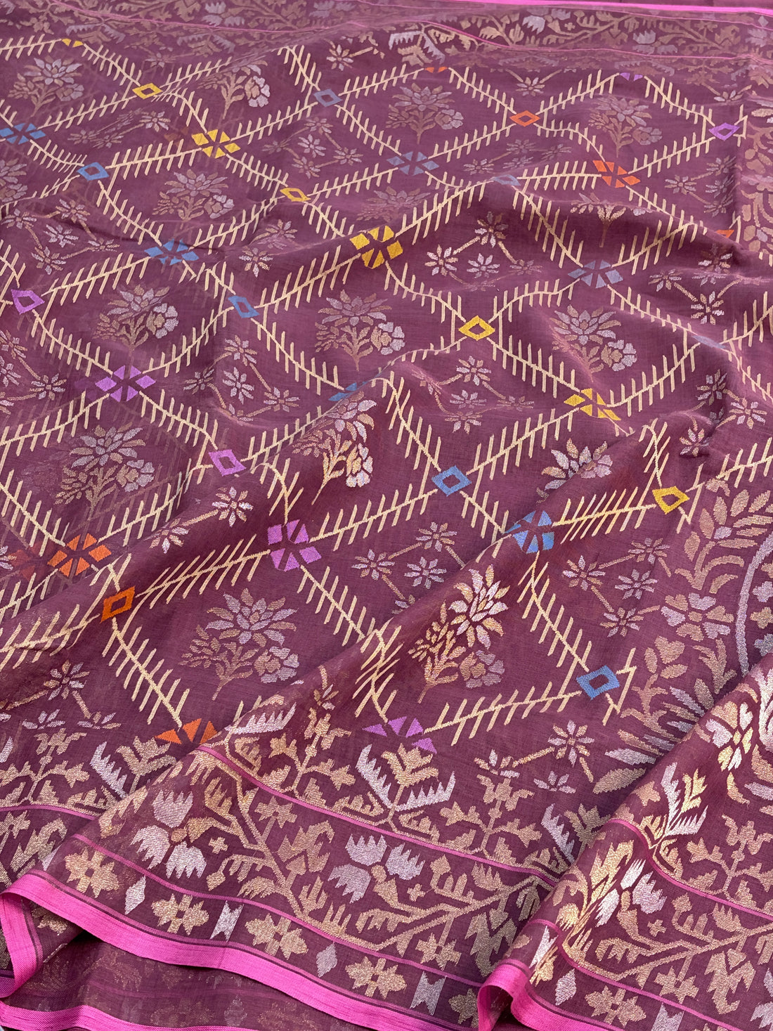 Wine Handwoven Real Zari Cotton Jamdani Saree