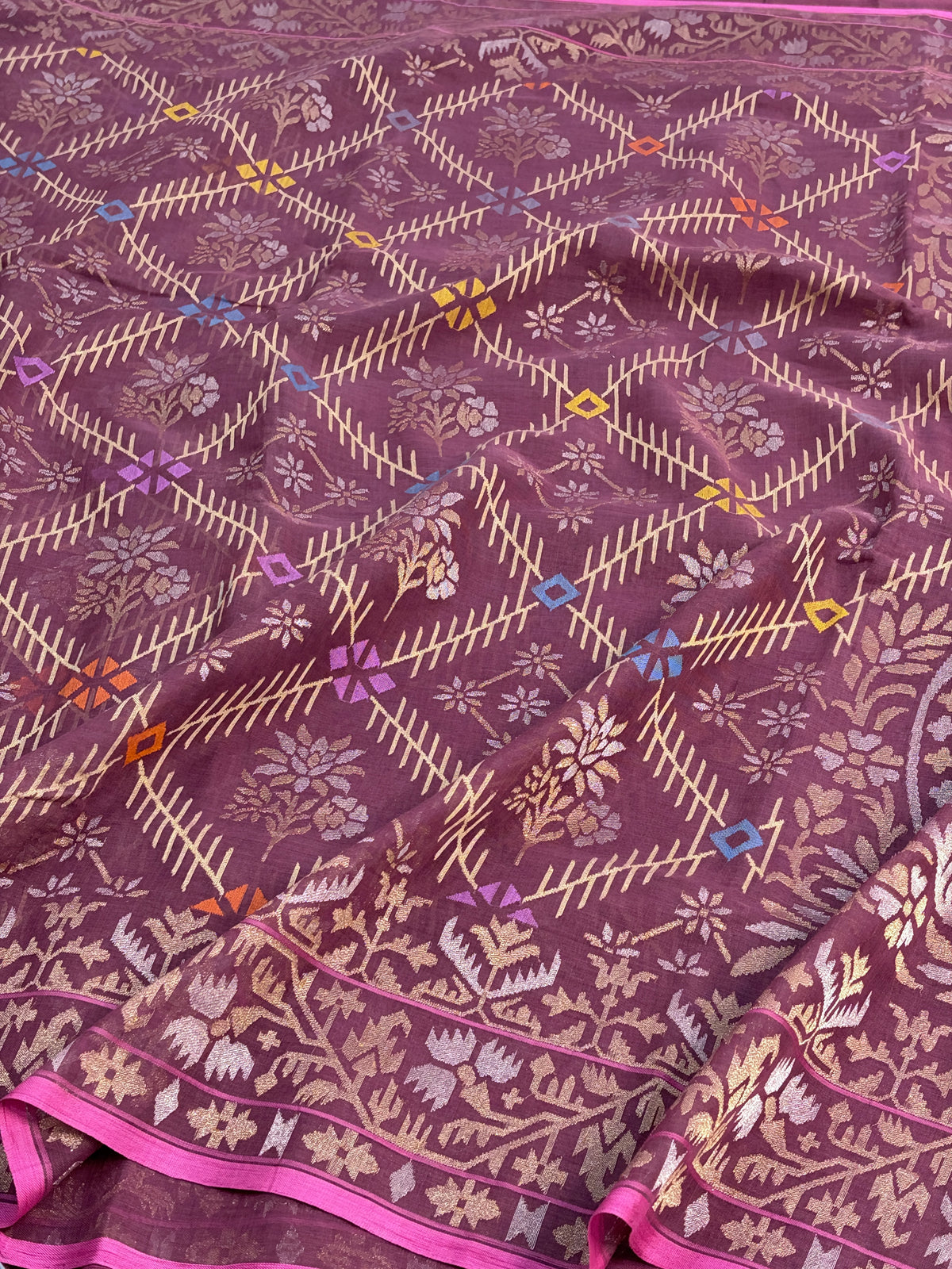 Wine Handwoven Real Zari Cotton Jamdani Saree