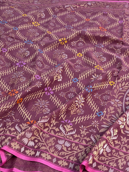Wine Handwoven Real Zari Cotton Jamdani Saree