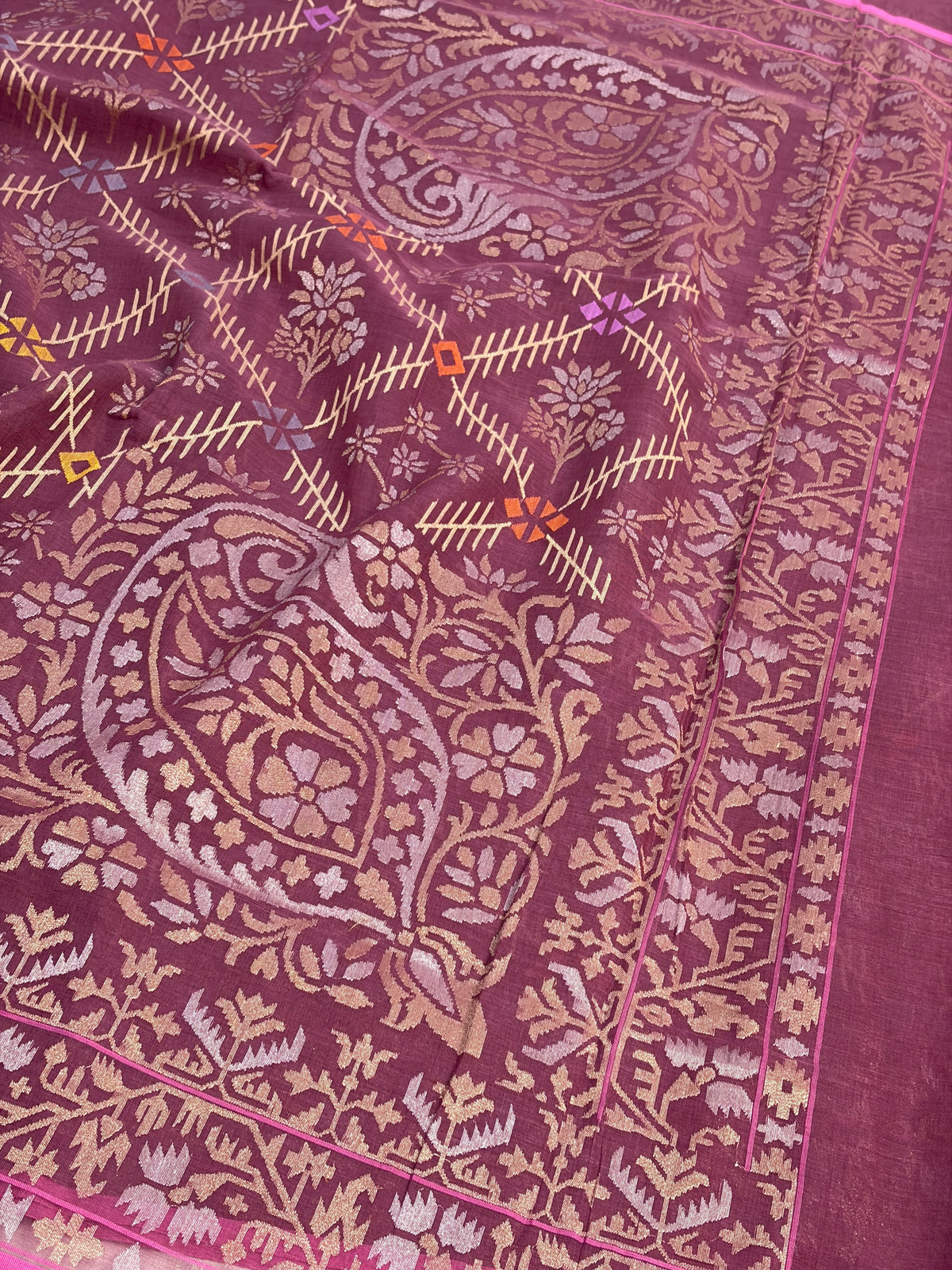 Wine Handwoven Real Zari Cotton Jamdani Saree