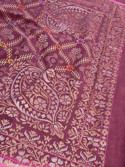 Wine Handwoven Real Zari Cotton Jamdani Saree