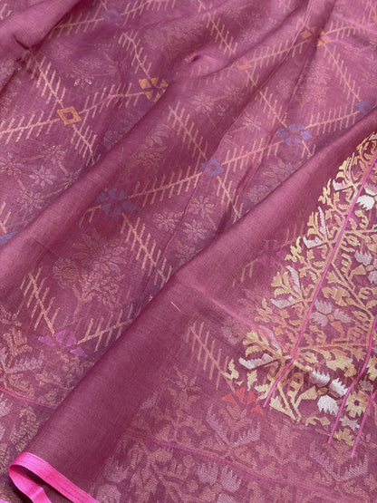 Wine Handwoven Real Zari Cotton Jamdani Saree
