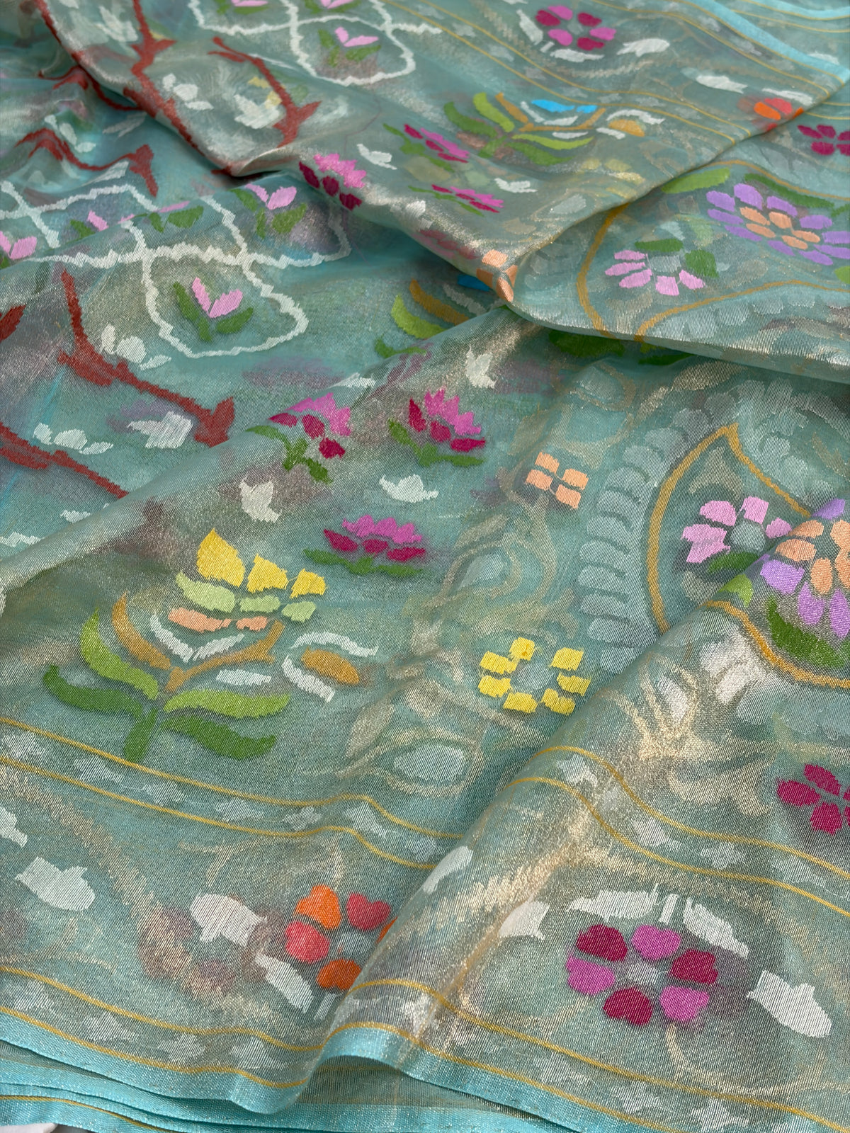 Sea Green Handwoven Real Gold &amp; Silver Zari Tissue Jamdani Saree