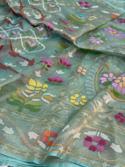 Sea Green Handwoven Real Gold &amp; Silver Zari Tissue Jamdani Saree