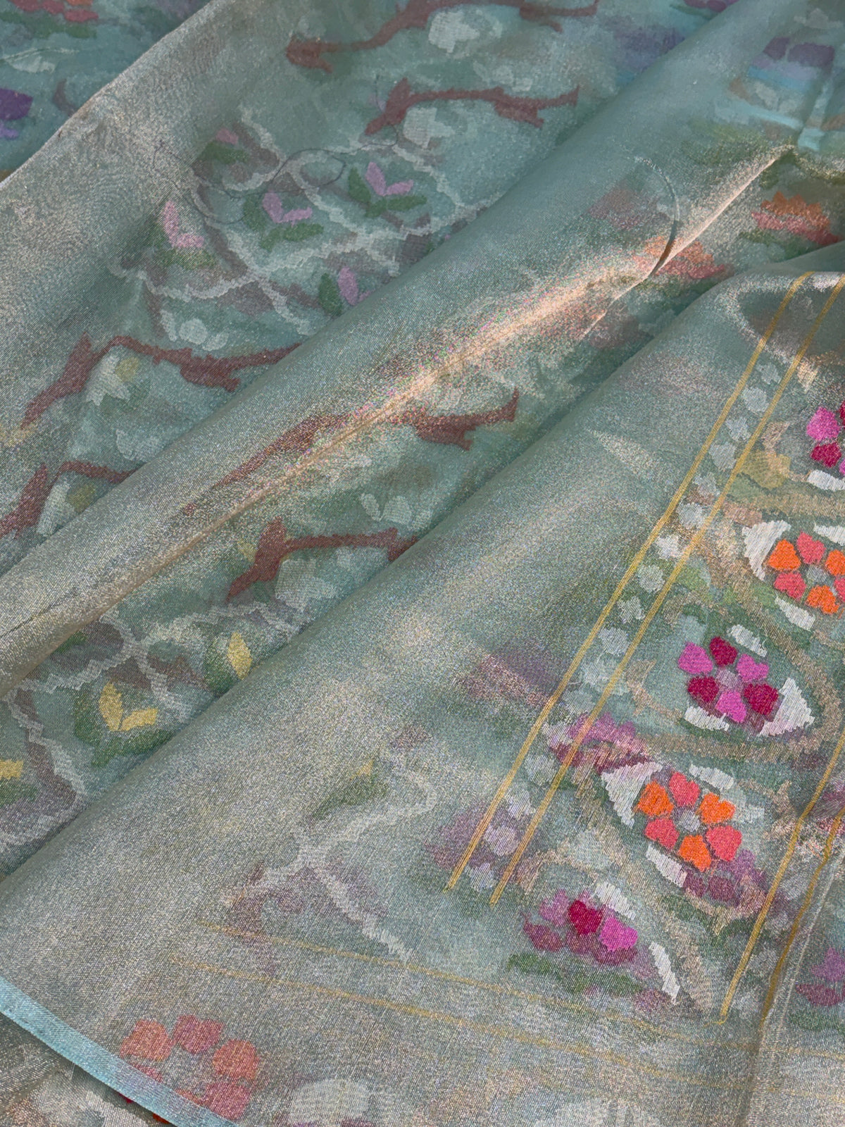 Sea Green Handwoven Real Gold &amp; Silver Zari Tissue Jamdani Saree