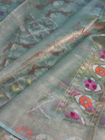 Sea Green Handwoven Real Gold &amp; Silver Zari Tissue Jamdani Saree