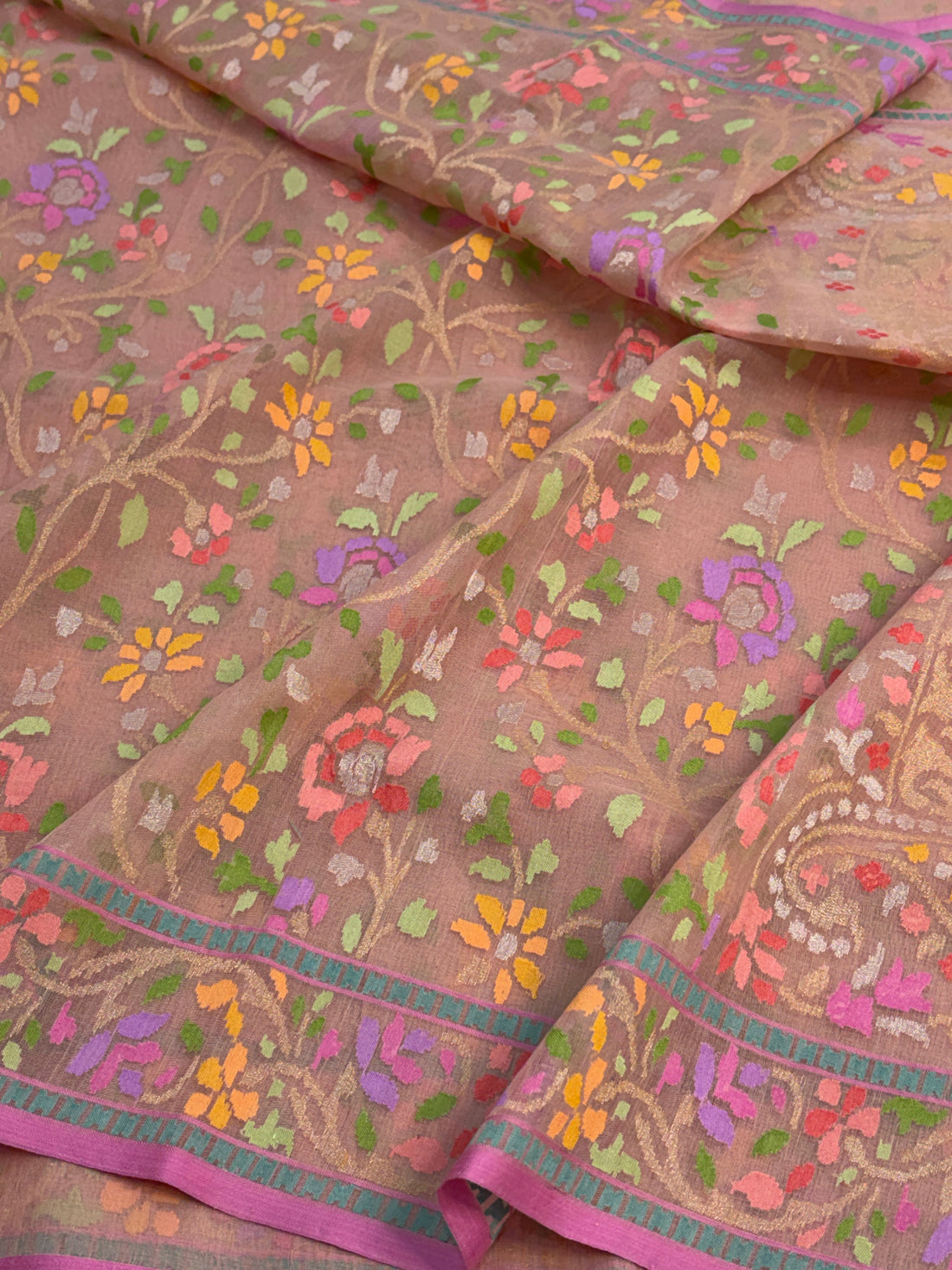 Peach Handwoven Real Zari Cotton Jamdani Saree