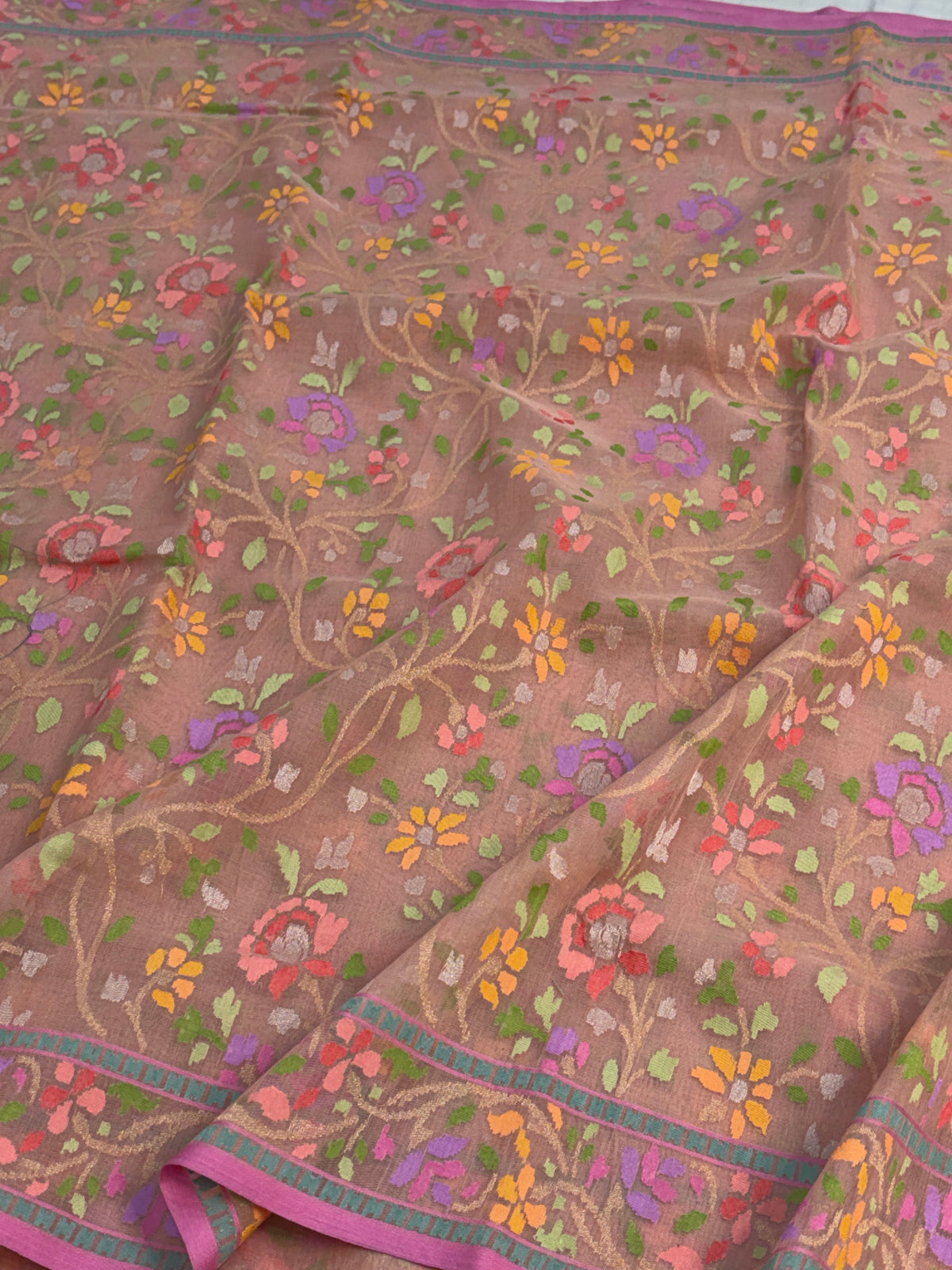 Peach Handwoven Real Zari Cotton Jamdani Saree