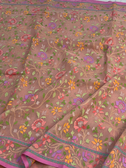 Peach Handwoven Real Zari Cotton Jamdani Saree