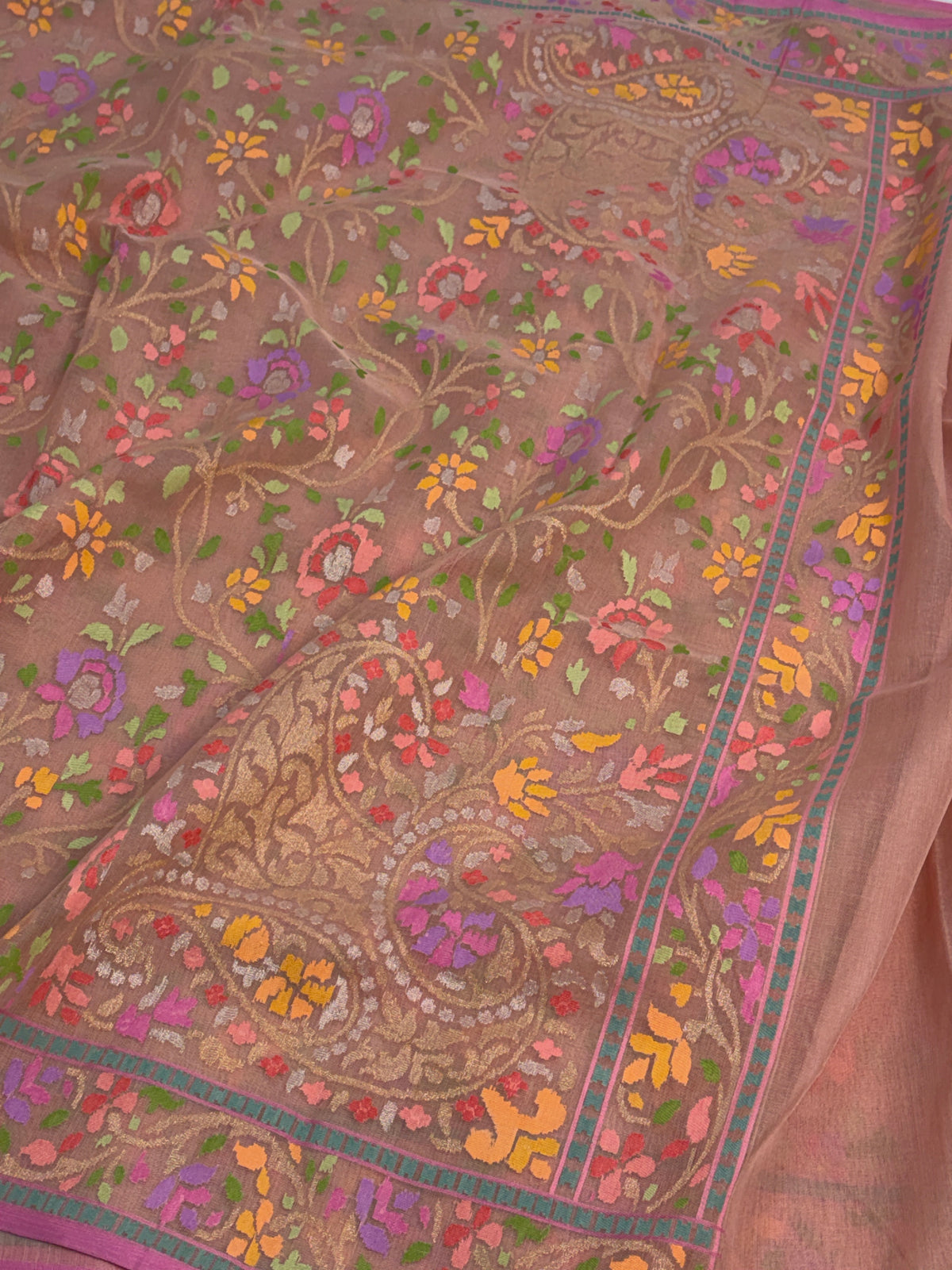 Peach Handwoven Real Zari Cotton Jamdani Saree