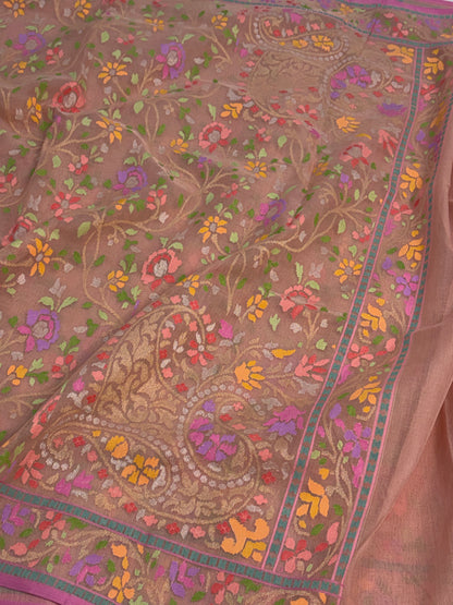 Peach Handwoven Real Zari Cotton Jamdani Saree