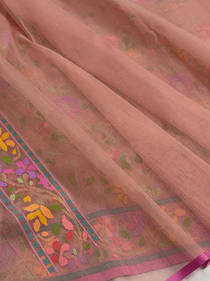 Peach Handwoven Real Zari Cotton Jamdani Saree