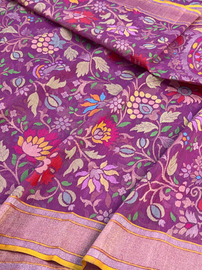 Purple Handwoven Real Zari Cotton Jamdani Saree