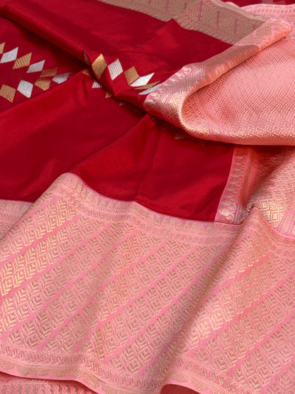 Red Handwoven Pure BANARSI EKTARA Silk Saree with KADHIYAL Border