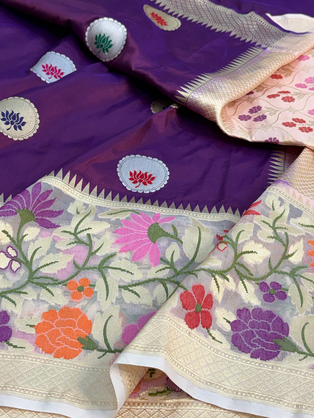 Purple Handwoven Pure BANARSI Katan Silk Saree with KADHIYAL Border