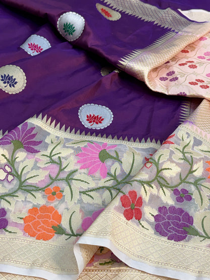 Purple Handwoven Pure BANARSI Katan Silk Saree with KADHIYAL Border
