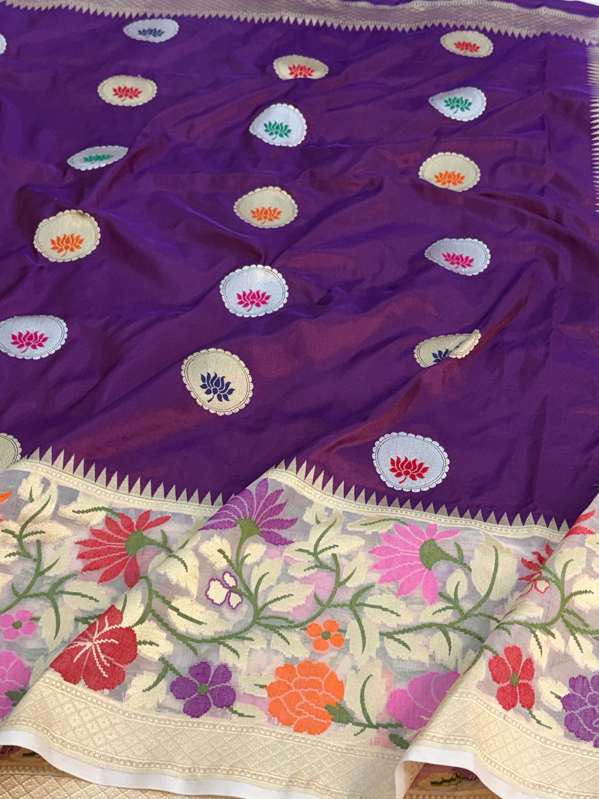 Purple Handwoven Pure BANARSI Katan Silk Saree with KADHIYAL Border