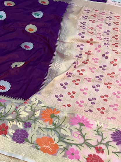 Purple Handwoven Pure BANARSI Katan Silk Saree with KADHIYAL Border