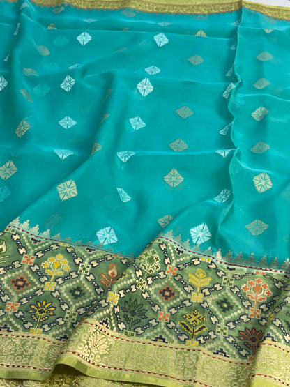 Sea Green Handwoven Pure BANARSI Kora Silk Saree with KADHIYAL Border