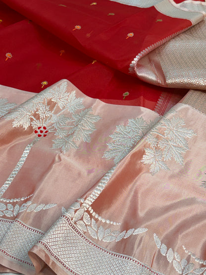 Red Handwoven Pure BANARSI Kora Silk Saree with KADHIYAL Border