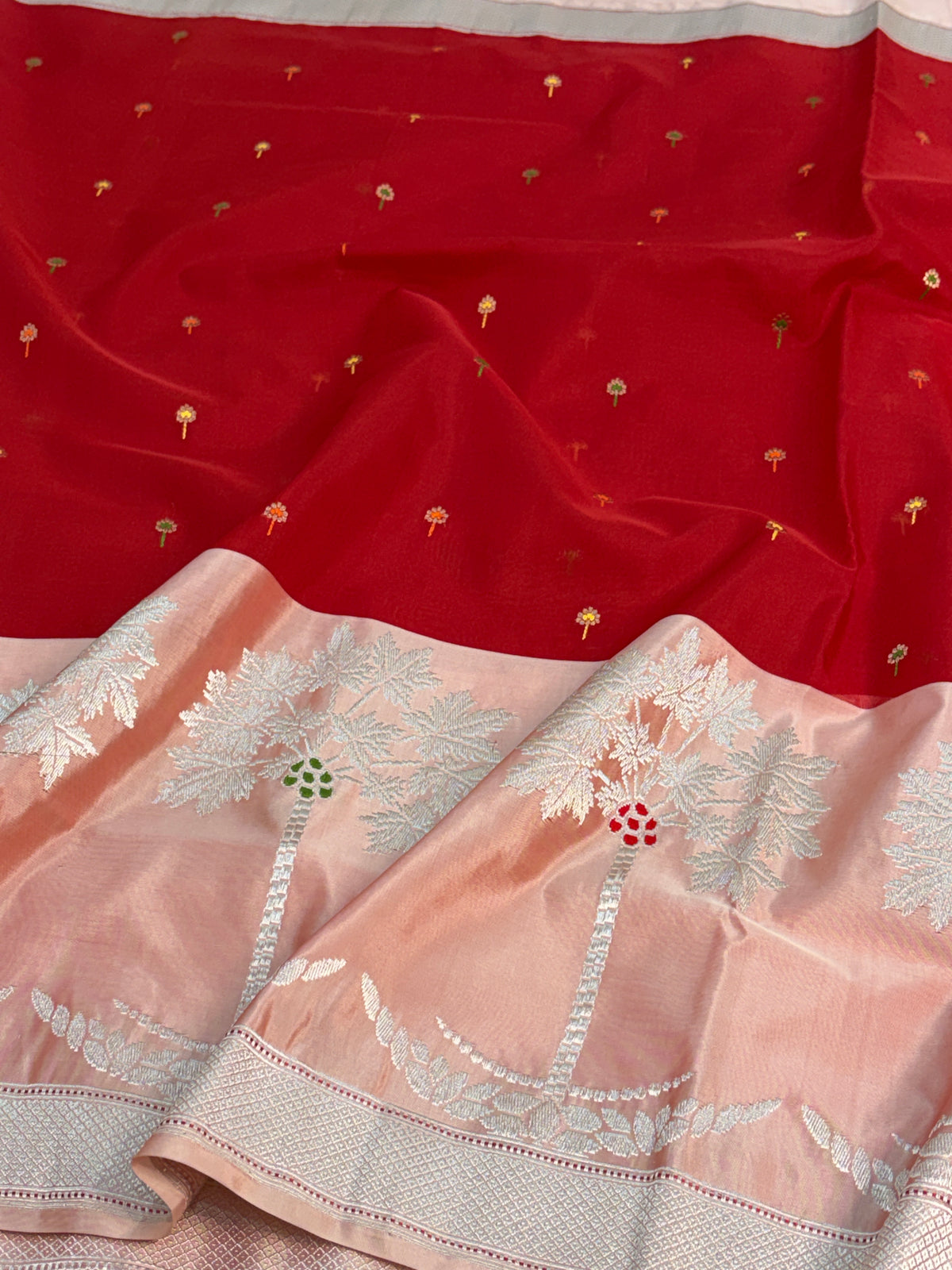 Red Handwoven Pure BANARSI Kora Silk Saree with KADHIYAL Border