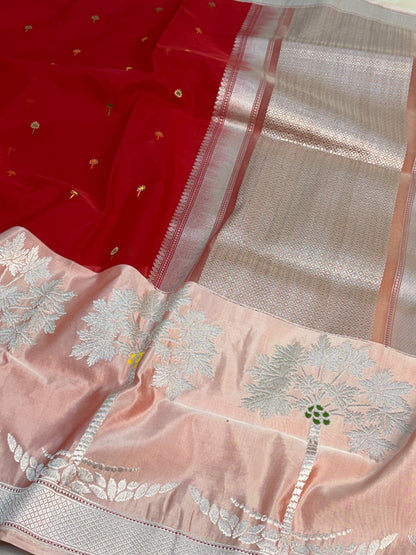 Red Handwoven Pure BANARSI Kora Silk Saree with KADHIYAL Border