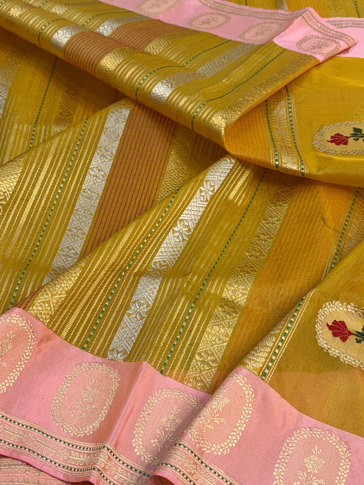Yellow Handwoven Pure BANARSI Stripe Kora Silk Saree with KADHIYAL Border