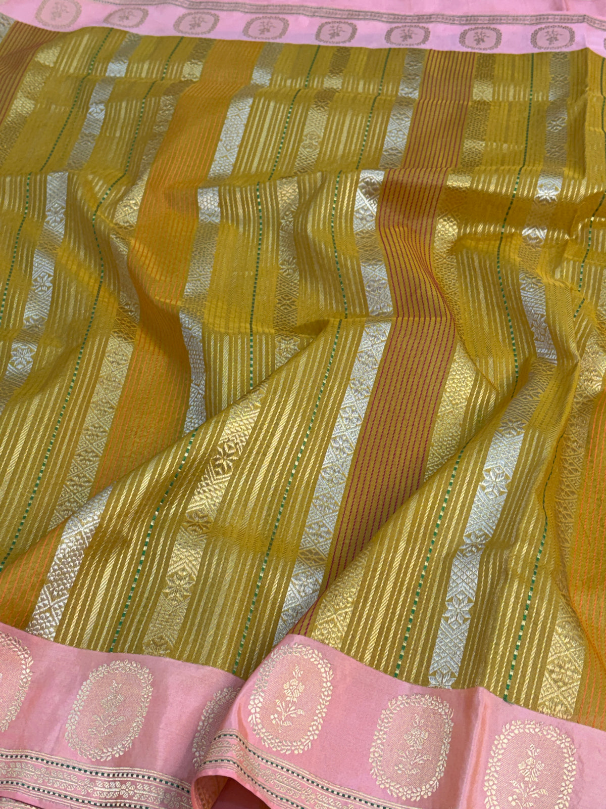 Yellow Handwoven Pure BANARSI Stripe Kora Silk Saree with KADHIYAL Border