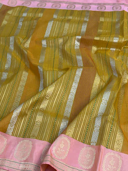 Yellow Handwoven Pure BANARSI Stripe Kora Silk Saree with KADHIYAL Border