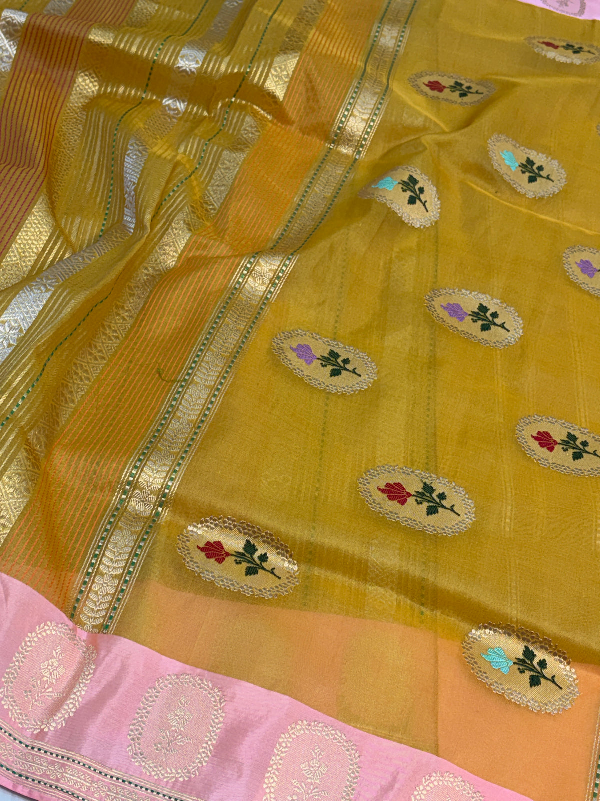 Yellow Handwoven Pure BANARSI Stripe Kora Silk Saree with KADHIYAL Border
