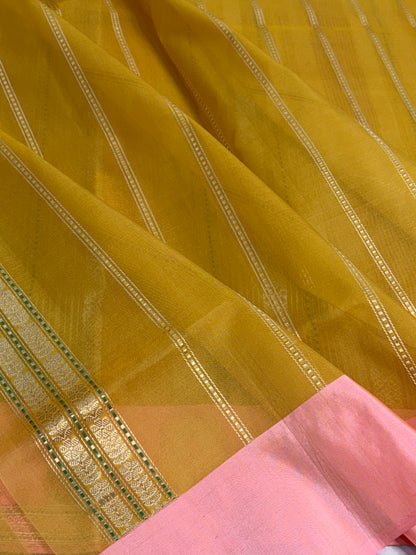 Yellow Handwoven Pure BANARSI Stripe Kora Silk Saree with KADHIYAL Border