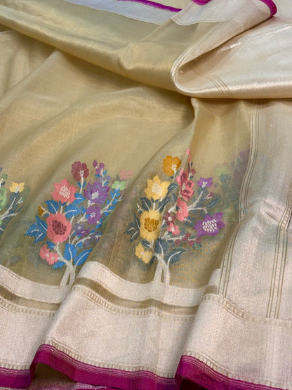 Gold Banarasi Tissue Silk Saree with Meenakari Floral Border