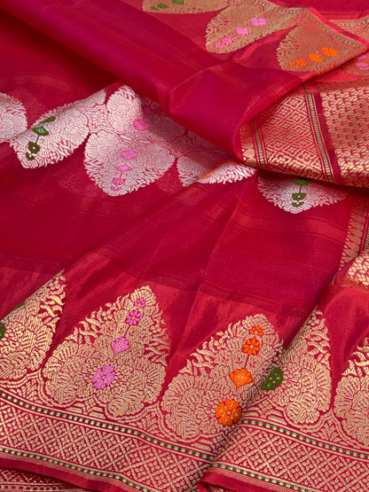 Red Handwoven Pure BANARSI Kora Silk Saree with KADHIYAL Border