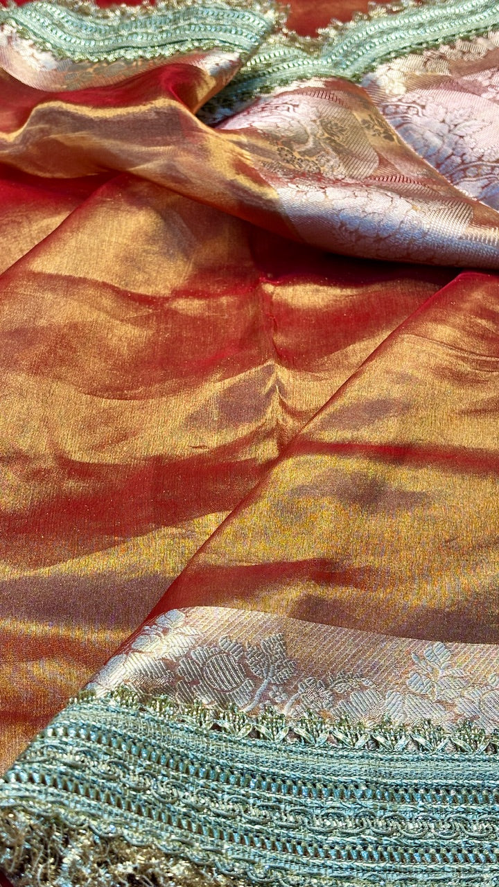 Burnt Orange Banarasi Tissue Silk Handwoven Saree