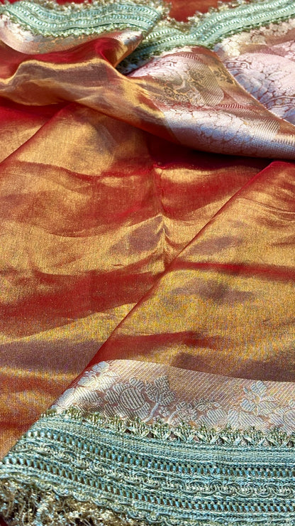 Burnt Orange Banarasi Tissue Silk Handwoven Saree