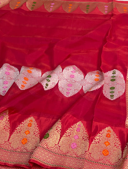 Red Handwoven Pure BANARSI Kora Silk Saree with KADHIYAL Border