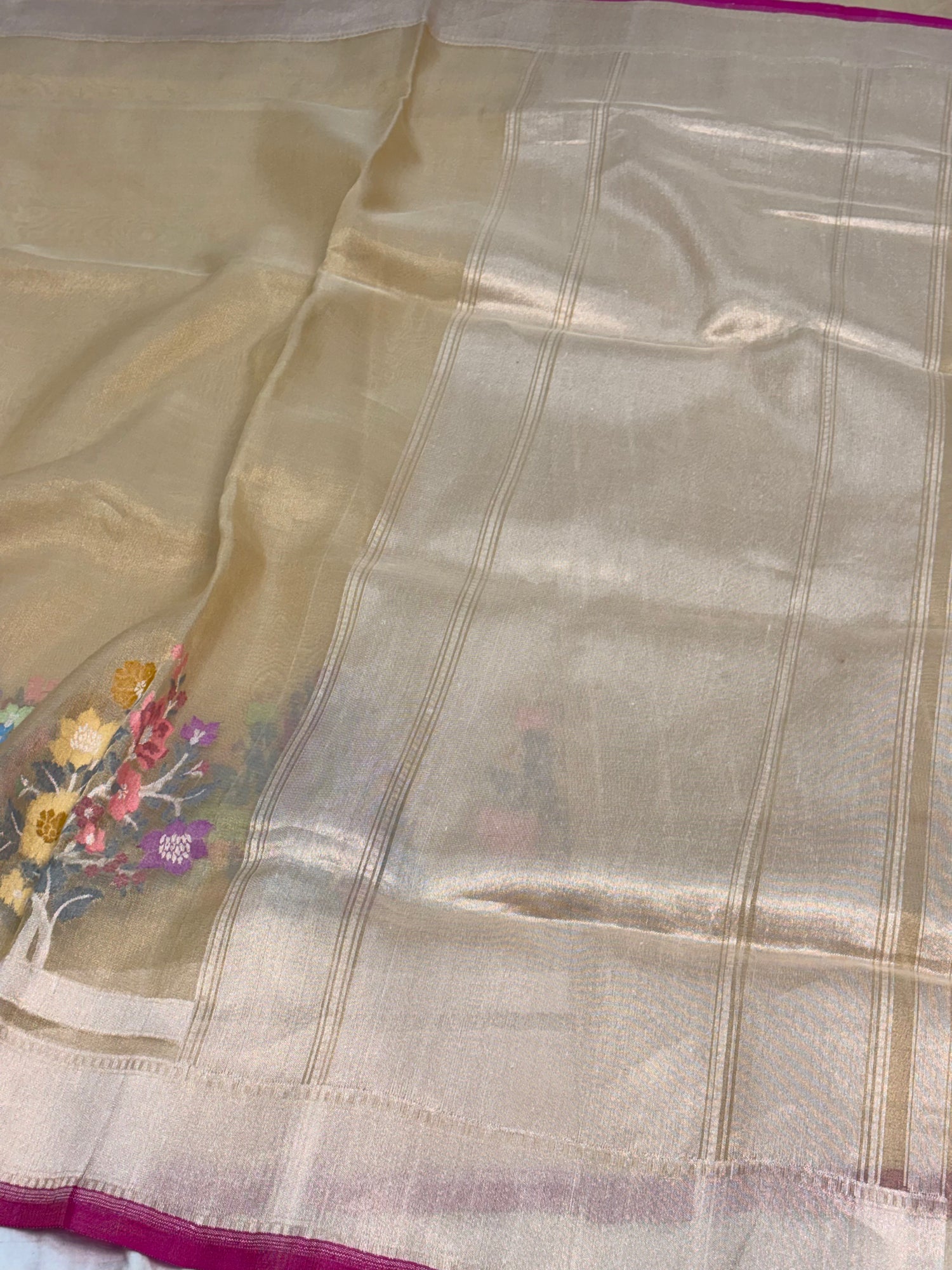 Gold Banarasi Tissue Silk Saree with Meenakari Floral Border