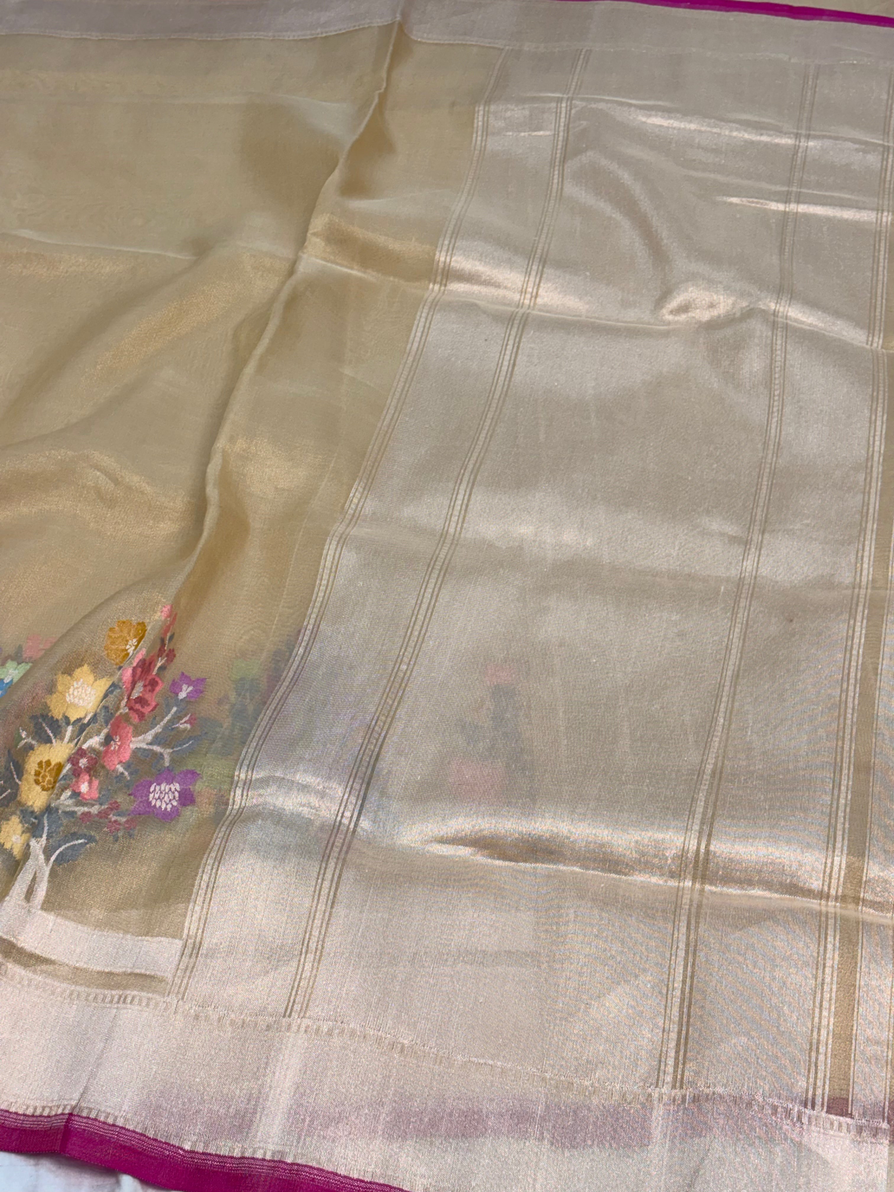 Gold Banarasi Tissue Silk Saree with Meenakari Floral Border