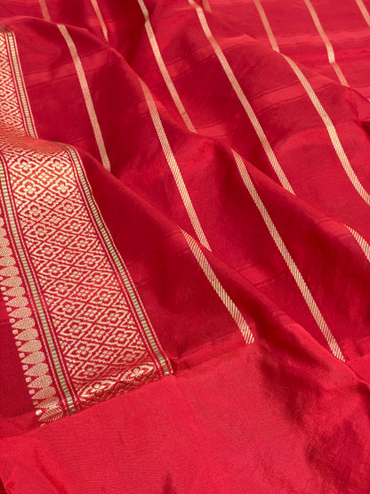 Red Handwoven Pure BANARSI Kora Silk Saree with KADHIYAL Border