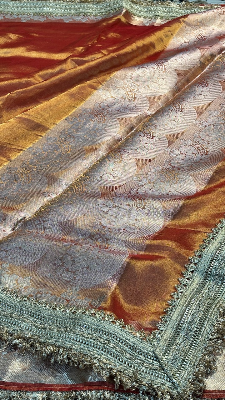 Burnt Orange Banarasi Tissue Silk Handwoven Saree