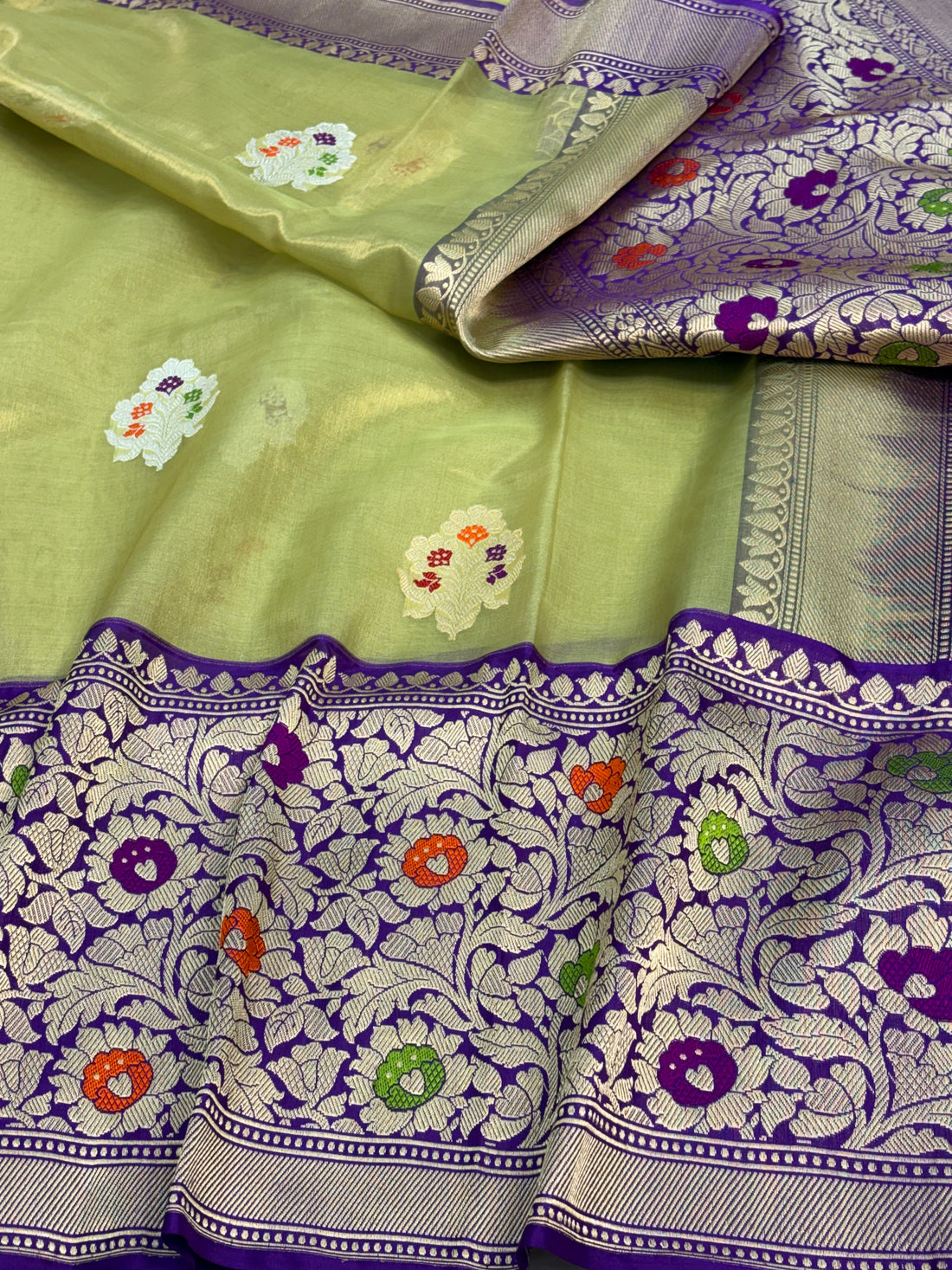 Pista Green Handwoven Tissue Buti Banarasi Meenakari Saree with Kadhiyal Border