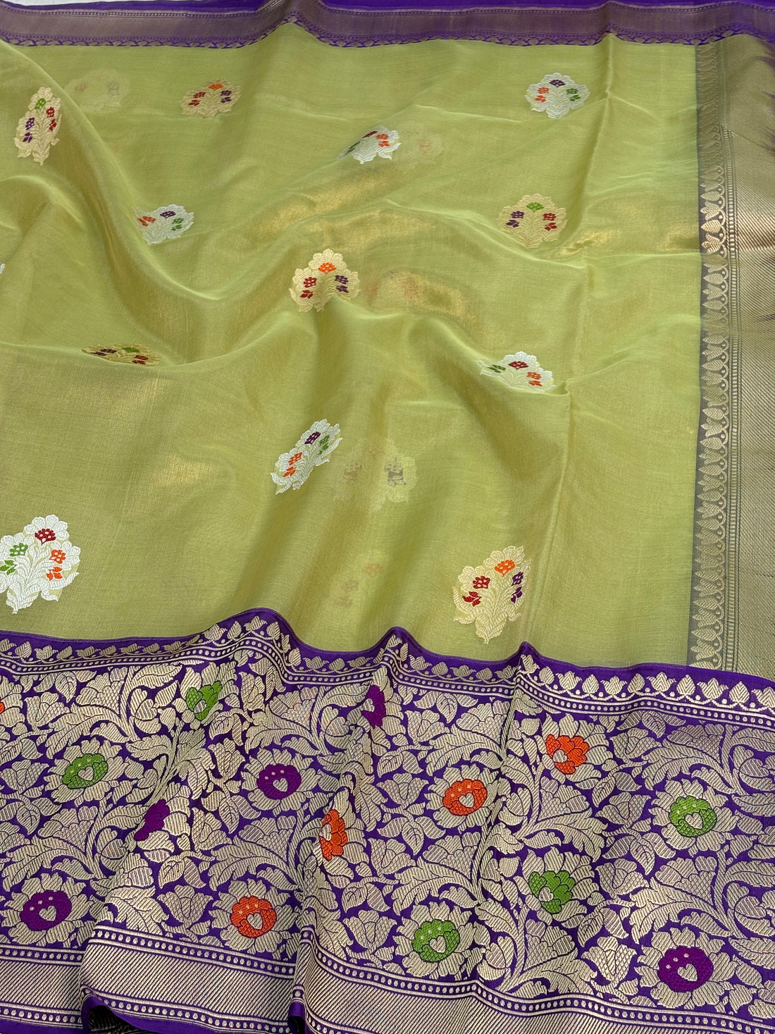 Pista Green Handwoven Tissue Buti Banarasi Meenakari Saree with Kadhiyal Border