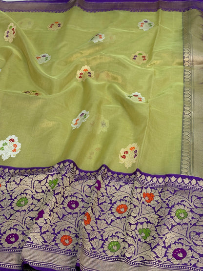 Pista Green Handwoven Tissue Buti Banarasi Meenakari Saree with Kadhiyal Border