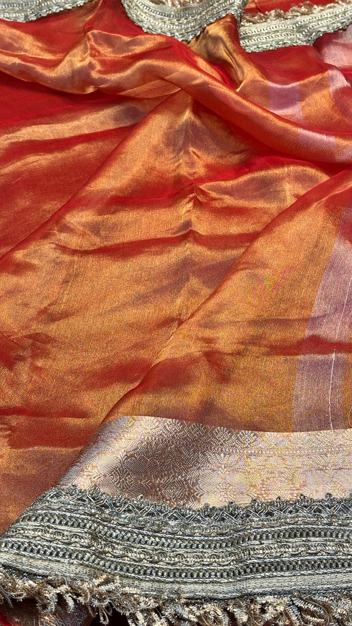Copper Orange Banarasi Tissue Silk Handwoven Saree